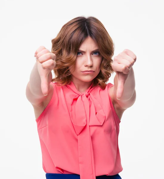 Mujer casual mostrando el pulgar hacia abajo signo — Foto de Stock