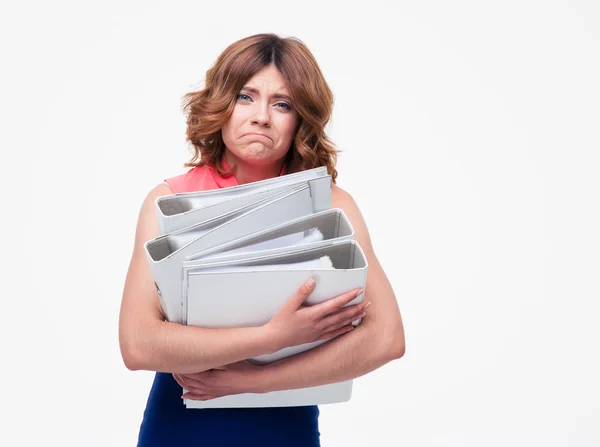 Triste empresária segurando pastas — Fotografia de Stock