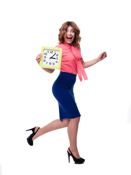 Smějící se žena s hodinami — Stock fotografie
