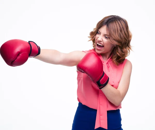 Mujer elegante enojada con guantes de boxeo luchando — Foto de Stock