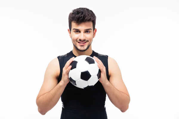 Happy football player holding soccer ball — Stok Foto