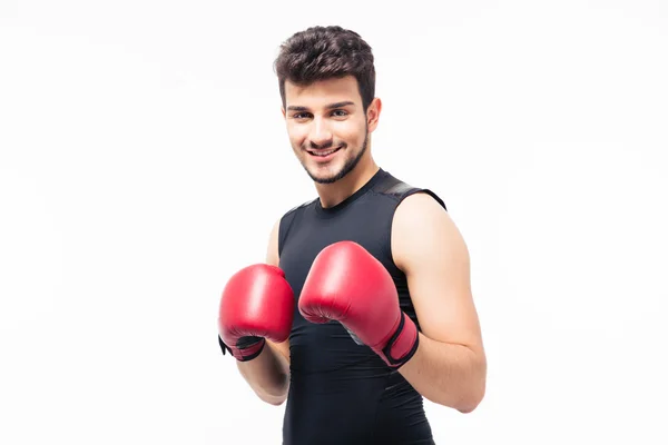 微笑的男性拳击手戴着红色手套的肖像 — 图库照片