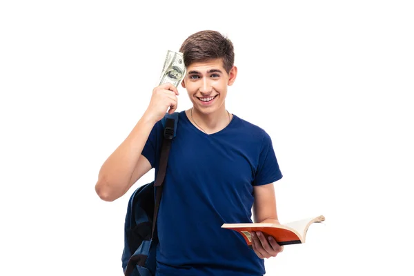 Feliz hombre casual sosteniendo libro y dinero — Foto de Stock