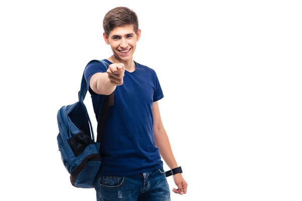 Sorrindo estudante do sexo masculino apontando para a câmera — Fotografia de Stock