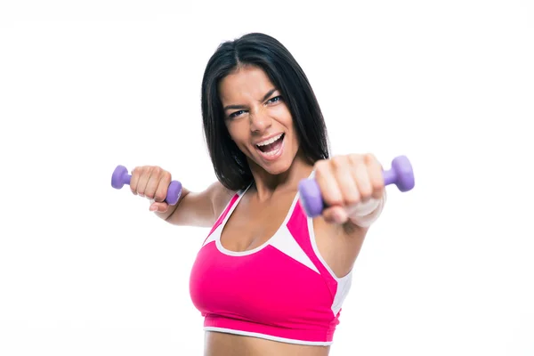 Cheerful fitness woman workout with dumbbells — Zdjęcie stockowe
