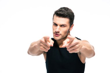 Fitness man pointing fingers at camera