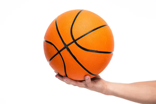 Closeup portrait of a male hand holding basket ball — Stock Photo, Image