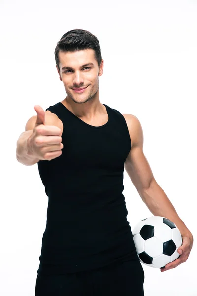 Uomo con pallone da calcio mostrando pollice su segno — Foto Stock