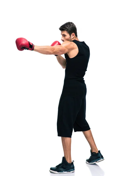 Hombre deportivo boxeo en guantes rojos — Foto de Stock
