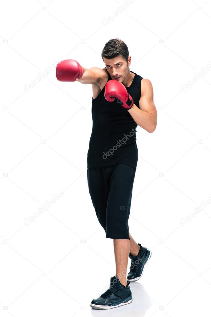 Sports man boxing in red gloves