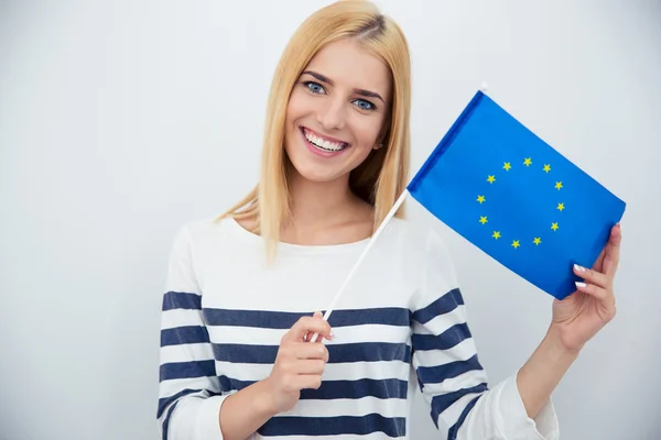 Patriotic woman holding european flag — Stok fotoğraf