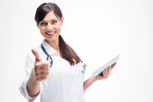 Doctor holding tablet computer and showing thumb up — Stock Photo, Image