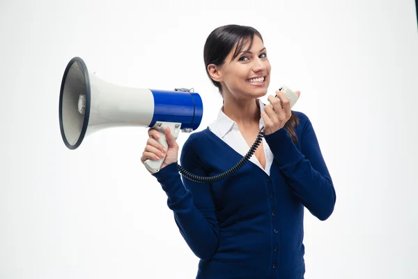 Mulher de negócios alegre segurando megafone — Fotografia de Stock