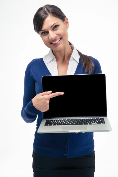 Businesswoman pointing finger on laptop screen — Stock Photo, Image