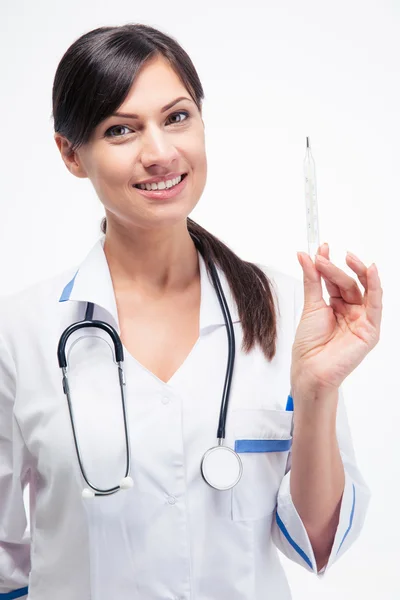 Happy doctor holding clinical thermometer Stock Photo