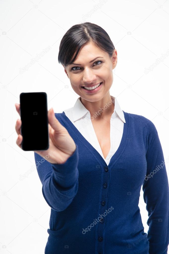 Smiling businesswoman showing smartphone screen