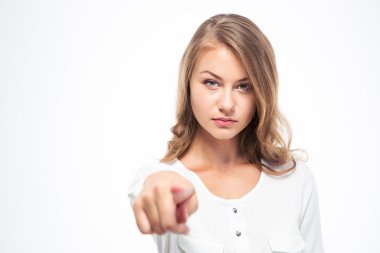 Güzel kadın işaret parmak kamera 