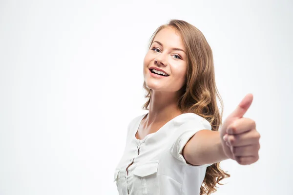 Mulher feliz mostrando polegares para cima — Fotografia de Stock