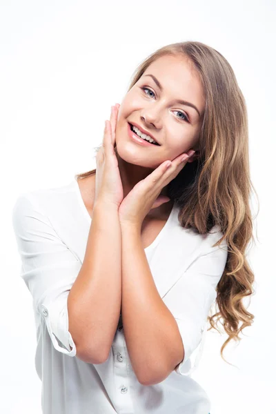 Femme heureuse posant isolée sur un blanc — Photo