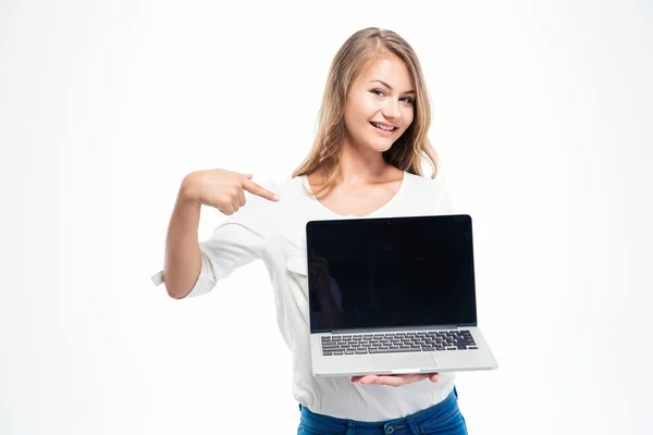 Woman pointing finger on a blank screen — Stock Photo, Image