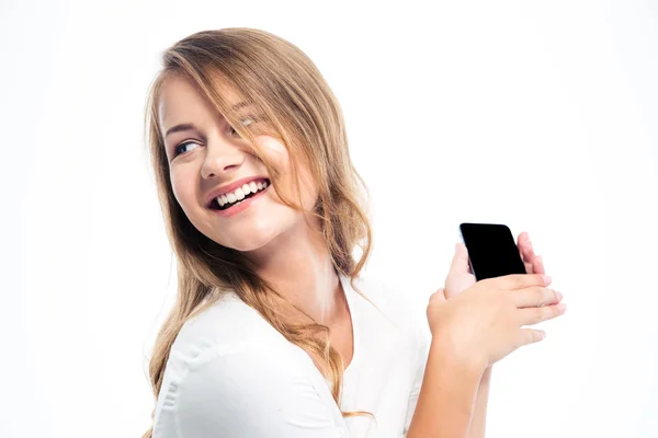 Sorrindo menina segurando smartphone — Fotografia de Stock