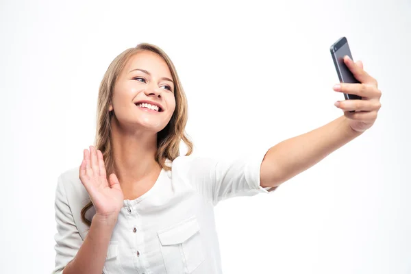 Girl making selfie photo while waving palm — Stock Photo, Image
