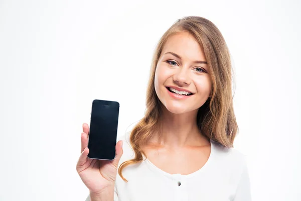 Woman showing blank smartphone display — Stock Photo, Image