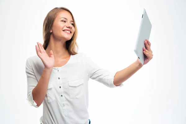 Woman chatting via video call and greeting — Stock Photo, Image