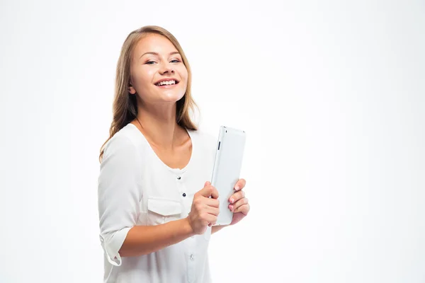 Smiling casual woman holding tablet computer — Stock Photo, Image