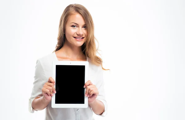 Estudiante mostrando pantalla de tableta en blanco — Foto de Stock