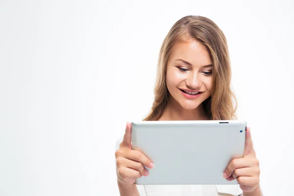 Happy woman using tablet computer — Stock Photo, Image