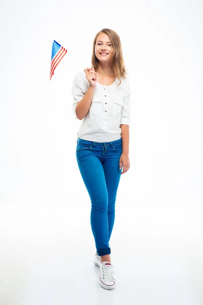 Mulher segurando bandeira dos EUA — Fotografia de Stock