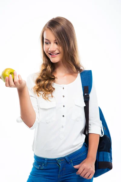 Fille avec sac à dos tenant pomme Images De Stock Libres De Droits