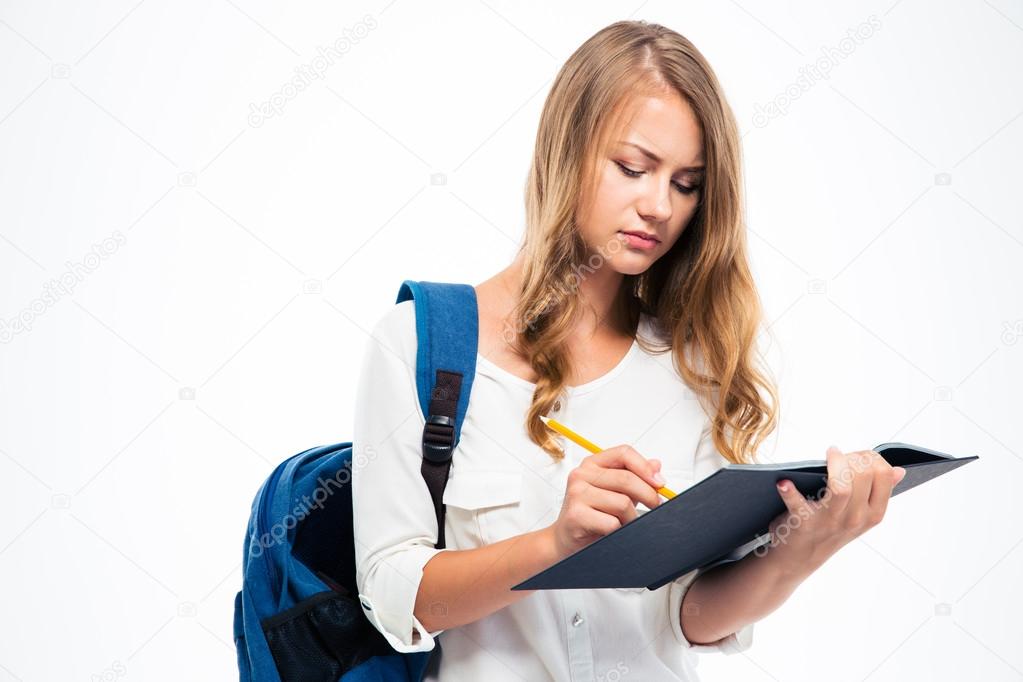 Happy young woman using tablet computer isolated on a white background