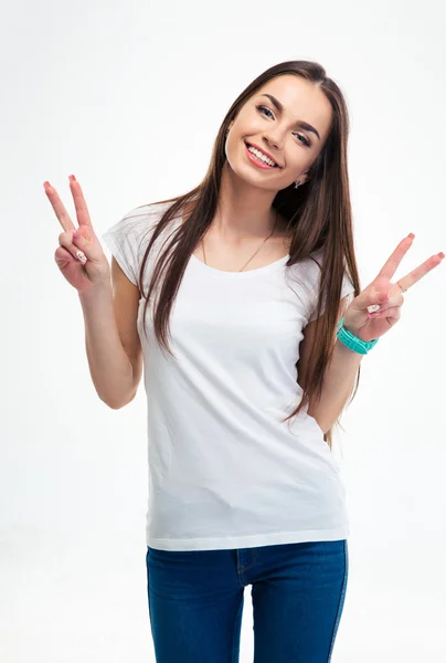 Woman showing two fingers or victory gesture — Stock Photo, Image