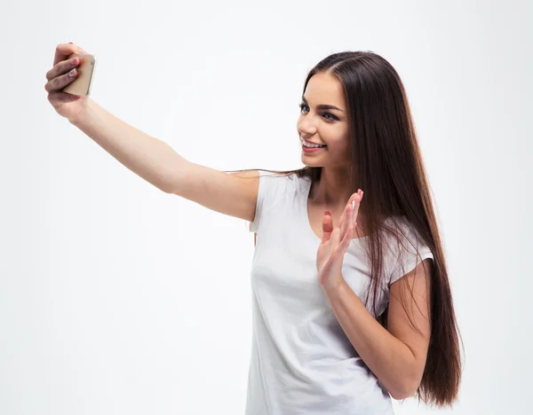 Happy young woman making selfie photo — Stock Photo, Image