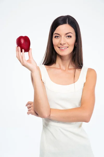 Mulher esbelta feliz segurando maçã — Fotografia de Stock