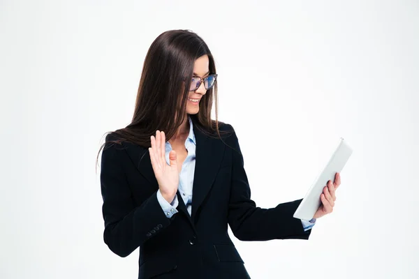 Businesswoman showing greeting gesture on web camera — Stock Photo, Image