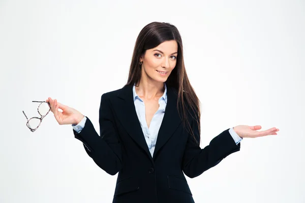 Businesswoman holding copyspace on the palm — Stock Photo, Image