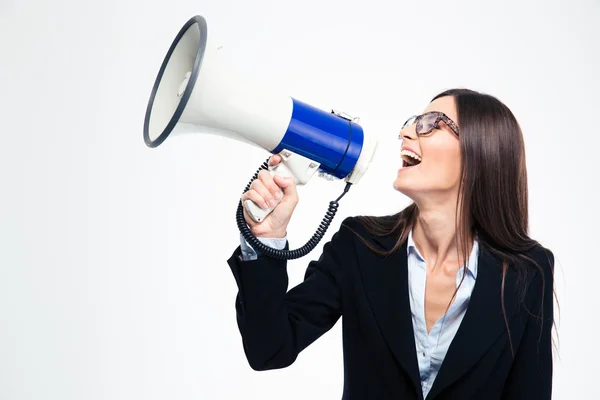 Empresária gritando em megafone — Fotografia de Stock