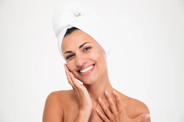 Portrait of a smiling beautiful woman with towel on head — Stock Photo, Image