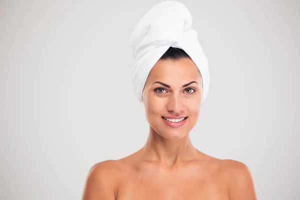 Happy beautiful woman with towel on head — Stock Photo, Image