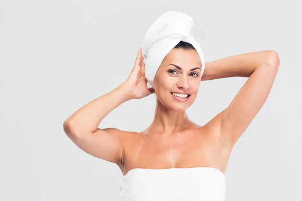 Happy beautiful woman with towel on head — Stock fotografie