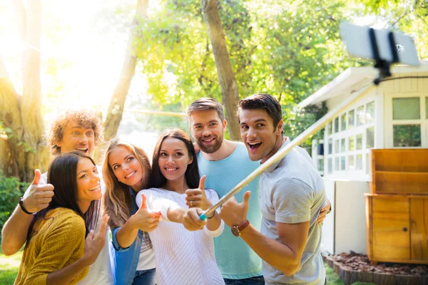 Friends making selfie photo outdoors — Stock Photo, Image