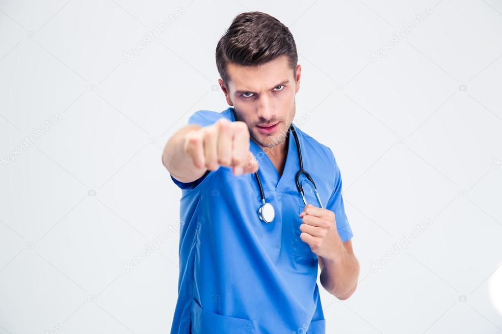 Portrait of a male doctor fighting