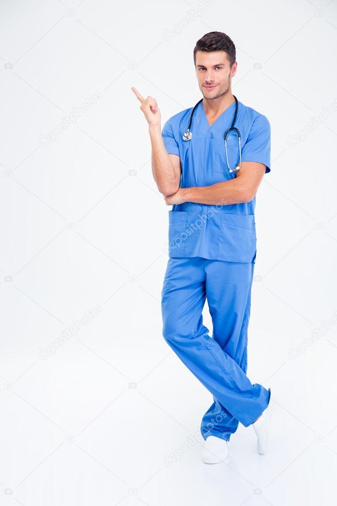 Male doctor pointing finger away