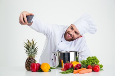 Erkek aşçı yemek yapma selfie fotoğraf