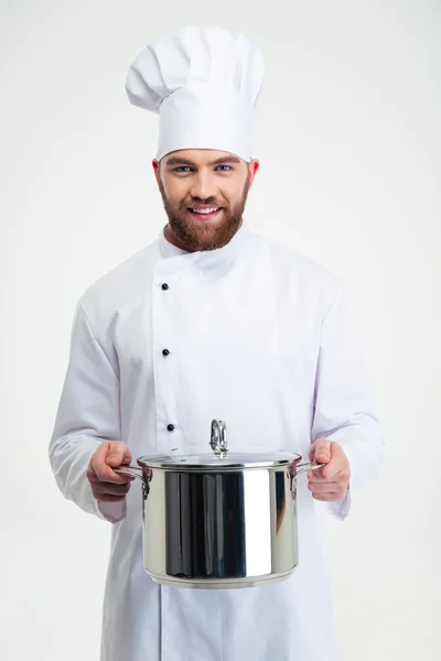 Retrato de um cozinheiro chef masculino segurando panela — Fotografia de Stock