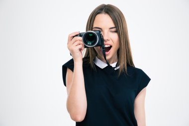Neşeli kadın kamerada fotoğraf yapma
