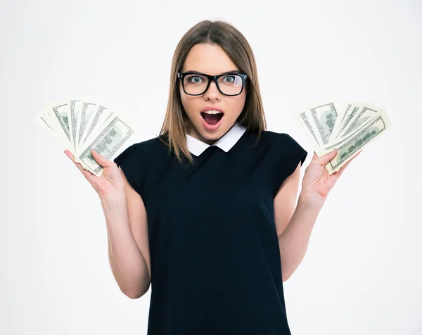 Mujer alegre sosteniendo billete de dólar —  Fotos de Stock